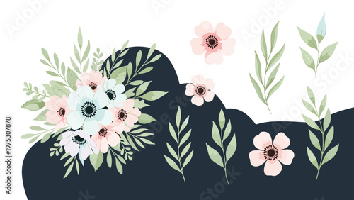 Elegant floral arrangement featuring light blue and pink anemones surrounded by green leaves and separate botanical elements for custom design use.