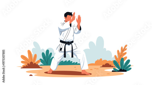Powerful illustration of a martial artist in a white karate gi performing a defensive stance in an outdoor setting with desert plants and bushes.