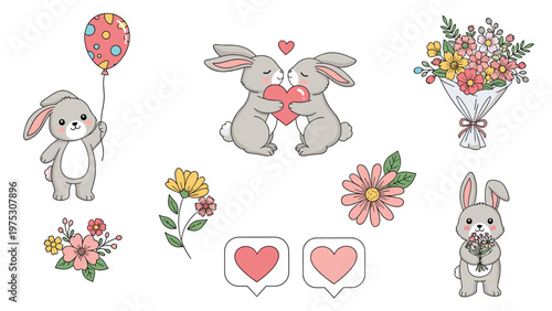 Cute bunny themed sticker set including rabbits holding hearts, a balloon, and flowers along with separate floral and heart icons on a white background.