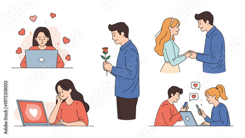 Collection of romantic relationship scenes showing couples holding hands, dating through laptops, and people thinking about love with heart symbols.