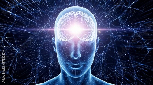 Abstract Human Head with Glowing Brain and Neural Network Connections