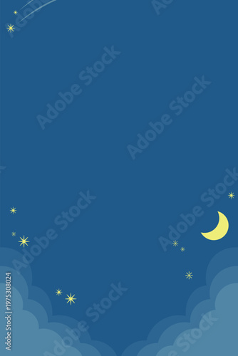 幻想的な夜空の月と星と雲が浮かぶ藍色のフレーム縦デザイン背景