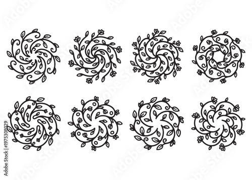 Swirling floral ornaments circular motifs for elegant decorative backgrounds and mandala art.