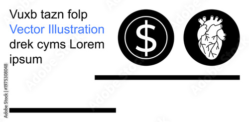 Finance, health economics, decision-making, minimalism, conceptual art, balance. Circular icons feature a dollar symbol and a human heart. Finance and health economics in visual symbols