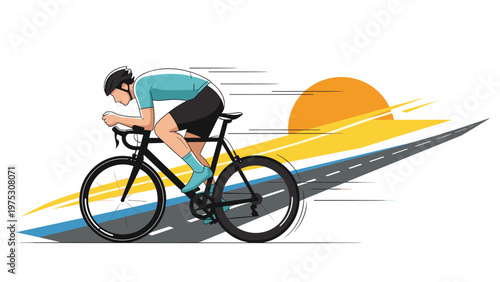 Dynamic illustration of a cyclist in a blue jersey riding fast on a road against a backdrop of a large setting sun with speed lines.