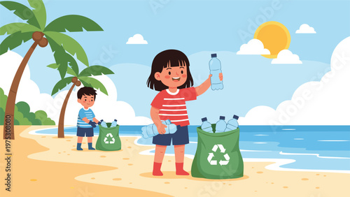 Inspiring scene of two children collecting plastic bottles on a tropical beach and putting them into green recycling bags to protect the ocean.