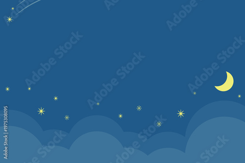 幻想的な夜空の月と星と雲が浮かぶ藍色のフレーム横デザイン背景