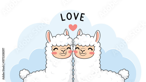 Adorable illustration of two fluffy white llamas nuzzling each other with a pink heart and the word LOVE against a cloudy sky.