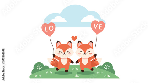 Adorable illustration of two happy foxes dancing in a green meadow holding heart-shaped balloons that spell out the word LOVE.