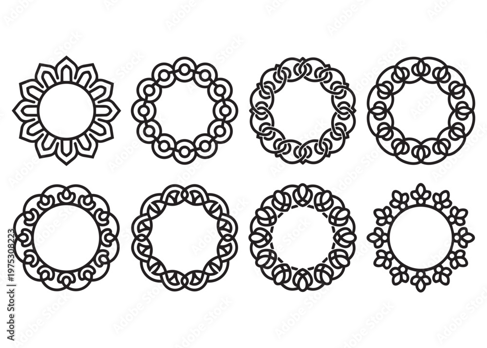 Obraz premium Eight round decorative ornamental frames and borders with interlaced and floral patterns.