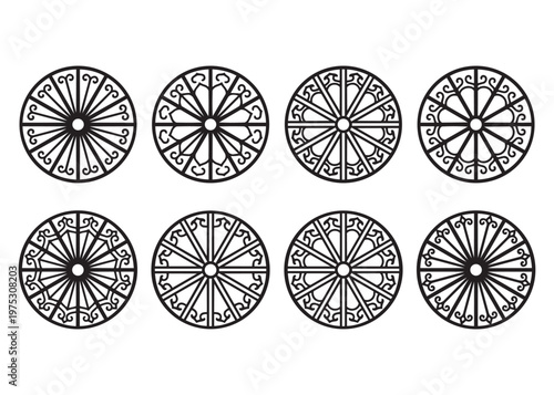 Set of eight circular decorative ornamental frames with intricate patterns and classic designs.