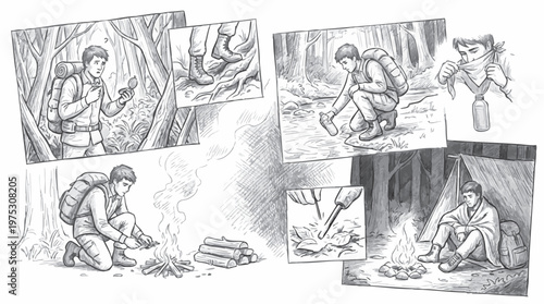 A hand-drawn pencil sketch illustrating a person camping and building a fire