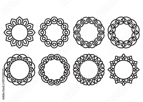 Eight round decorative ornamental frames and borders with interlaced and floral patterns.