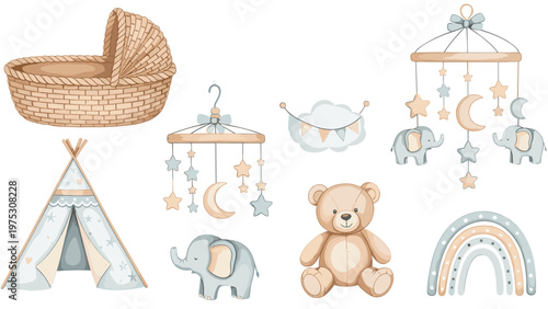 Soft baby nursery decor collection with wicker bassinet hanging mobile teepee tent teddy bear and plush elephant.