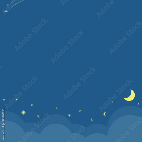 幻想的な夜空の月と星と雲が浮かぶ藍色のフレーム真四角背景