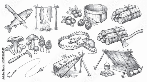 A hand drawn pencil sketch of survival gear and food items including fish, berries, mushrooms, traps, and shelter
