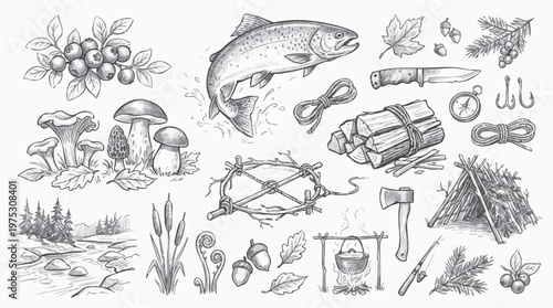 Hand drawn pencil sketch of outdoor survival and camping gear, food, and nature elements