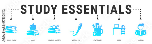 Study Essentials web banner icon vector illustration featuring Books Stack, Books, Reading Glasses, Writing Pen, Stationary and Desk