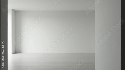A minimalist empty room with white walls and a smooth wooden floor