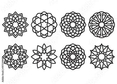 Set islamic geometric patterns star circle ornament black white design elements.