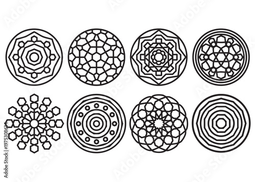Geometric circular designs eight ornamental motifs with varied patterns on transparent.