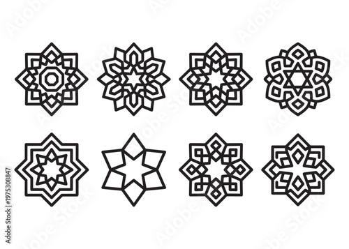 Collection of eight Islamic geometric star patterns in black line art.