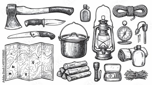 Camping Gear And Survival Equipment A Hand Drawn Pencil Sketch Illustration