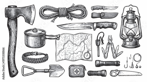 Hand drawn pencil sketch of camping and survival equipment, isolated on white background