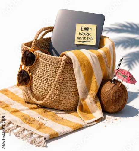 Summer beach objects with a laptop inside a straw bag showing a work reminder. Concept remote work, work life balance, digital pressure during vacation, modern lifestyle, productivity, travel conflict
