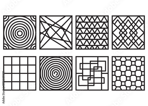 Set of eight abstract square geometric patterns and designs.