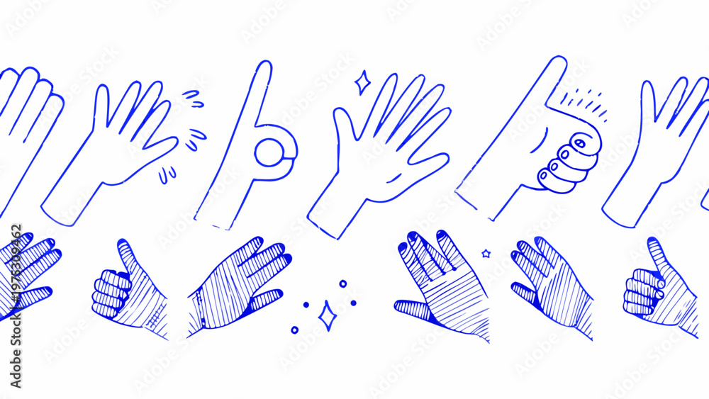 Fototapeta premium Collection of hand gestures and signs drawn in a simple blue line style