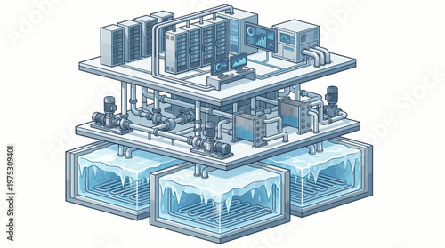 Isometric illustration of a futuristic laboratory facility with cryogenic storage.