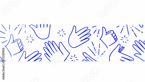 Hand drawn blue doodles depicting clapping hands and celebratory gestures