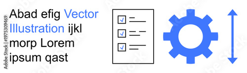 Task management, system preferences, customization, productivity tools, adjustment, workflow optimization. Gear icon, checklist with tick marks up-down adjustable arrow. Task management and system