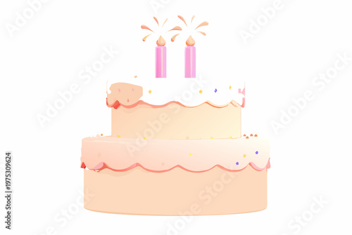 A two tiered pink birthday cake with lit candles and sprinkles