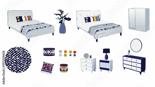 Minimalist bedroom furniture arrangement with decorative accents and patterned textiles