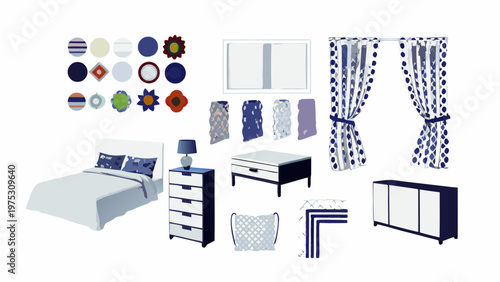 Blue and white interior design elements arranged in a flat lay style