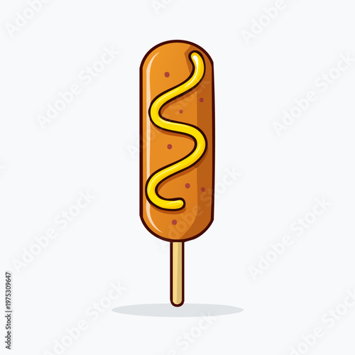 Cartoon illustration of a classic corn dog on a stick with a swirl of yellow mustard.