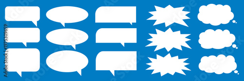 A set of chat box designs for comments on social media or comics. Vector designs of speech bubbles, text boxes, and conversation chat columns in comics.