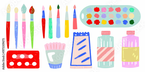 Colorful art supplies including paintbrushes paints and tubes are displayed