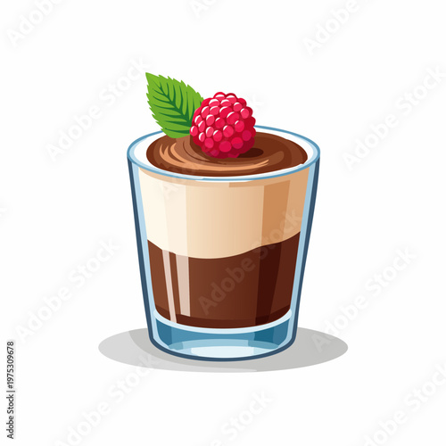 Delicious layered chocolate and cream dessert in a glass, topped with a fresh raspberry and mint leaf.