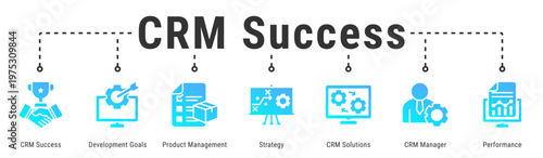CRM Success web banner icon vector illustration with CRM Success, Development Goals, Product Management, Strategy, CRM Solutions and CRM Manager