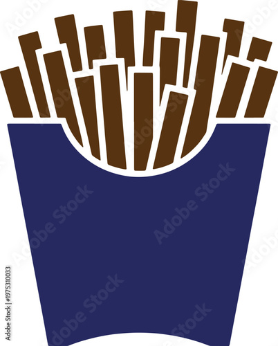 Brown french fries in a dark blue paper container fast food potato