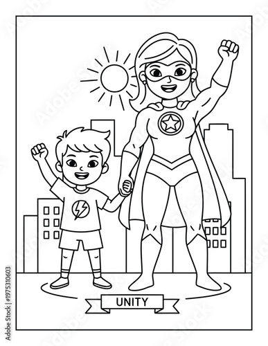 Superhero mother and child unity city scene cute kids coloring page illustration