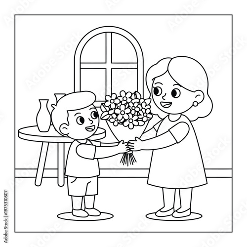 Mother receiving flowers from child home scene cute kids coloring page illustration