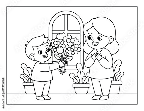 Mother receiving flowers from child home scene cute kids coloring page illustration