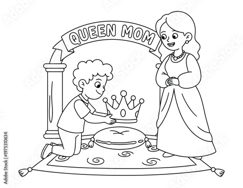 Mother day queen mom crown ceremony scene cute kids coloring page illustration