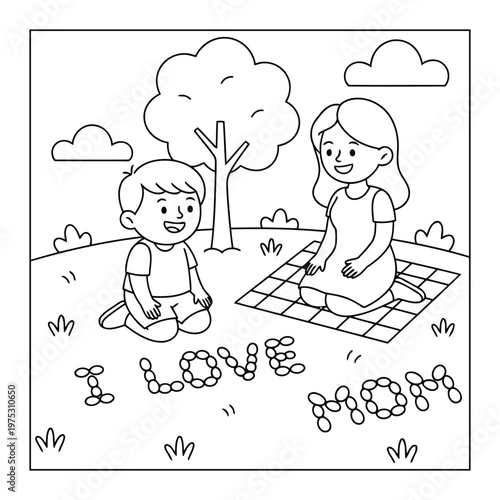 Mother and child picnic love message in park cute kids coloring page illustration