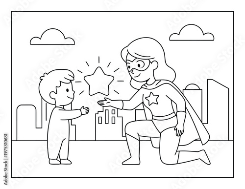Superhero mother kneeling giving star to child cute kids coloring page illustration