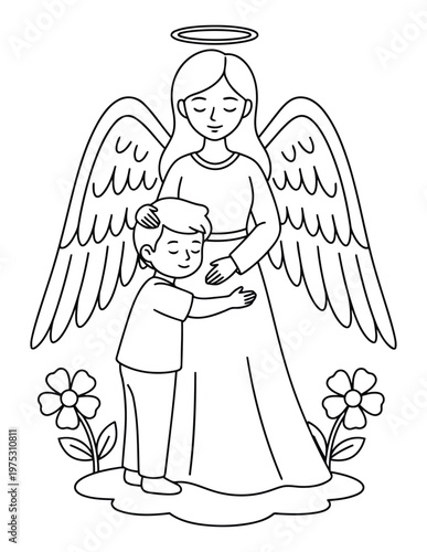 Guardian angel comforting child with wings and halo in peaceful pose coloring page